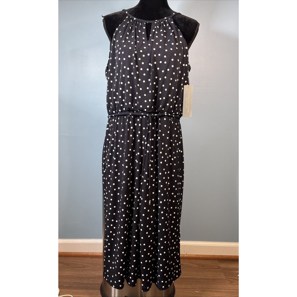 London Time Navy Blue / White Polka Dot Stretch Capri Wide Leg Jumpsuit 12P New
